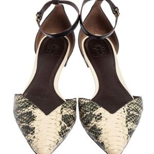 Tory Burch Beige/Black Python Embossed Pointed Toe Ankle Strap Flats-8.5